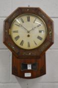 A Victorian brass inlaid rosewood drop-dial wall clock.