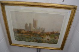 Harry Hines, view across allotments of Canterbury Cathedral, watercolour.