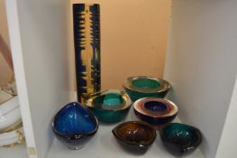 Colourful studio glassware by Murano and others.