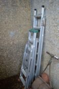 Two aluminium step ladders and an extending ladder.