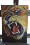 After Grigor Velev, roaring lion, oil on plywood panel, unframed.