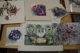 Nicolette Savage, five botanical studies, watercolours and a colour print of a garden terrace,
