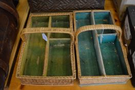 Two wicker cutlery baskets, a carved oak armorial style music stand and an early wooden box.