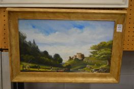 River landscape with figures and a fort on a hill top in the distance, oil on canvas.