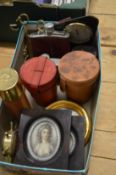 Hip flasks, leather cased travelling cups, miniature pictures etc.