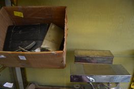Two plated cigarette boxes, cigarette case and various flatware.