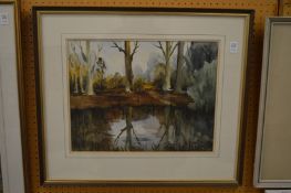 Circle of Edward Wesson, view of a spinney and pond, watercolour.