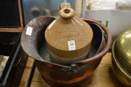A salt glazed flagon for Greene King & Sons, Bury St Edmunds together with a copper coal scuttle.