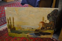 Winnie Davies, landscape with river, oil on canvas, unframed.