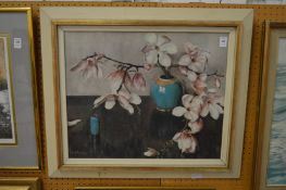 Still life of a floral branch in a vase, another small vase by its side, colour print.