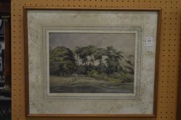 A Agostini, trees on a river bank, watercolour.