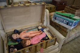 An old trunk and a box containing numerous toys, dolls, games etc.