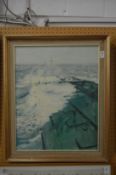 Peter Knox, waves crashing over the bow of a tanker, oil on canvas.