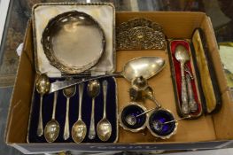 A set of six silver coffee spoons and other small items of silverware etc.