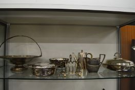 Plated items to include a swing handled basket, entree dish and cover etc.