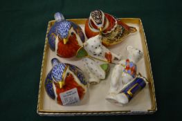 Two Crown Derby porcelain models of robins, another of a quail and two Crown Derby porcelain bears