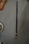 A walking stick with horseshoe shaped handle.