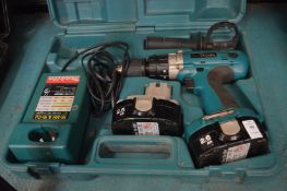 A Makita 18 volt drill/driver with two batteries and charger, cased.