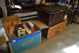 Wicker baskets, books etc.