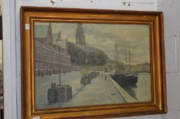 Anker, Dockland scene with figures and buildings, sailing ships, oil on canvas, signed and dated