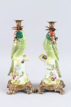 A GOOD PAIR OF SEVRES DESIGN GREEN AND YELLOW PORCELAIN PARROT CANDLESTICKS on gilt metal bases.