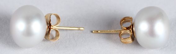 A PAIR OF 9CT YELLOW GOLD OBLATE SPHEROID GREY CULTURED PEARL STUDS, boxed.