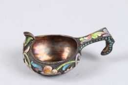 A SMALL RUSSIAN SILVER AND ENAMEL KVOSCH. 3ins long.