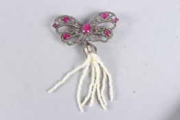A GOOD DIAMOND, RUBY AND PEARL BUTTERFLY BROOCH.