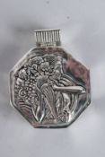 A SILVER PLATED ART DECO EMBOSSED LADY PERFUME BOTTLE.
