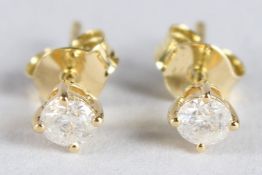 A PAIR OF 18CT YELLOW GOLD FOUR-CLAW SET RBC DIAMOND SOLITAIRE STUDS, boxed. Diamonds 0.41ct.