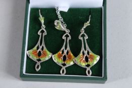 A SILVER AND ENAMEL ART NOUVEAU STYLE NECKLACE AND EARRING SET.
