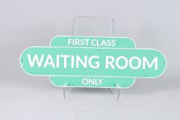 A CAST IRON FIRST CLASS WAITING ROOM SIGN. 8ins x 23ins.
