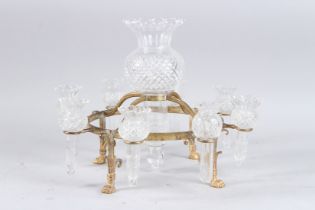 A VERY GOOD HOBNAIL CUT GLASS AND METAL CENTREPIECE with pineapple vase and eight smaller vases.