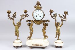 A GOOD 19TH CENTURY LOUIS XVITH DESIGN THREE-PIECE CLOCK SET, the clock as a pair of cupids