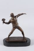 AFTER BANKSY. The Flower Thrower. Signed. 9ins high. On a marble base.