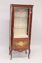A LOUIS XVITH DESIGN VITRINE with glass sides, the door inlaid with roses. 5ft 3ins high x 1ft