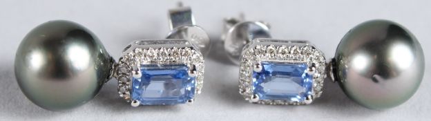 A PAIR OF BLACK PEARL, STEP CUT SAPPHIRE AND DIAMOND DROP EARRINGS, boxed. Sapphires 1.41ct.