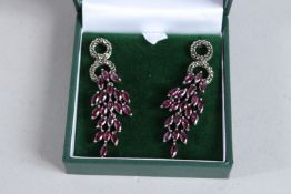 A PAIR OF SILVER RHODOLITE AND MARCASITE LONG EARRINGS.