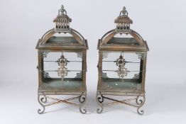 A PAIR OF METAL PAGODA TOP LANTERNS. 22ins high.