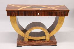 A GOOD INLAID CONSOLE TABLE with single drawer. 4ft long x 2ft 6ins high.