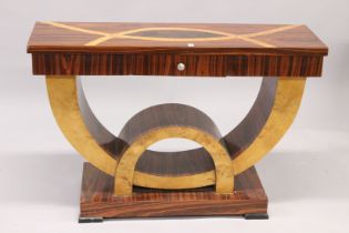 A GOOD INLAID CONSOLE TABLE with single drawer. 4ft long x 2ft 6ins high.