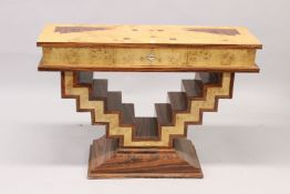 A GOOD MAPLEWOOD INLAID ZIG ZAG CONSOLE TABLE with single drawer. 4ft long x 2ft 8ins high.