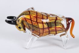 A MURANO COLOURED GLASS BULL. 9ins high.
