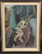 CIRCLE OF FRANK AUERBACH Semi nude female reclining on a studio bed, oil on board, 57 x 41cm