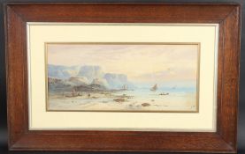 L MAYON (19TH CENTURY) Fishing boats of a beach and cliffs, watercolour, signed, 24 x 54cm