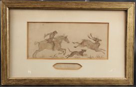 RANDOLPH CALDECOTT (1846-1886) Stag hunting, watercolour, signed in the mount, 12 x 26cm