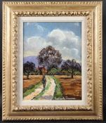 PAUL ÉMILE PISSARRO (1884-1972) 'Chemin de Peacy' landscape with figure on a path, oil on board,