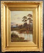 SIDNEY YATES JOHNSON (act.1890-1926) 'Eventide, Abergavenny' Cattle watering with church beyond, oil