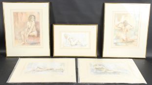 JOHN HINCHCLIFFE (b.1945) Studies of female nudes, Three framed watercolours and two unframed