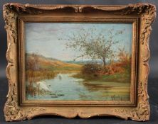 ALBERT KINSLEY (1852-1942) Landscape with swans on a river, oil on panel, signed, 25 x 34cm